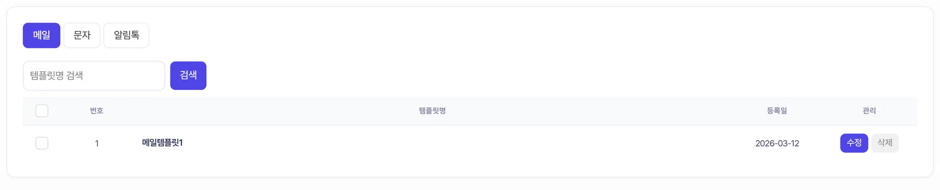발송 템플릿 관리의 알림톡 탭. 템플릿 코드와 검수 상태가 표시됩니다.